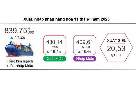 Xuất, nhập khẩu hàng hóa 11 tháng năm 2025