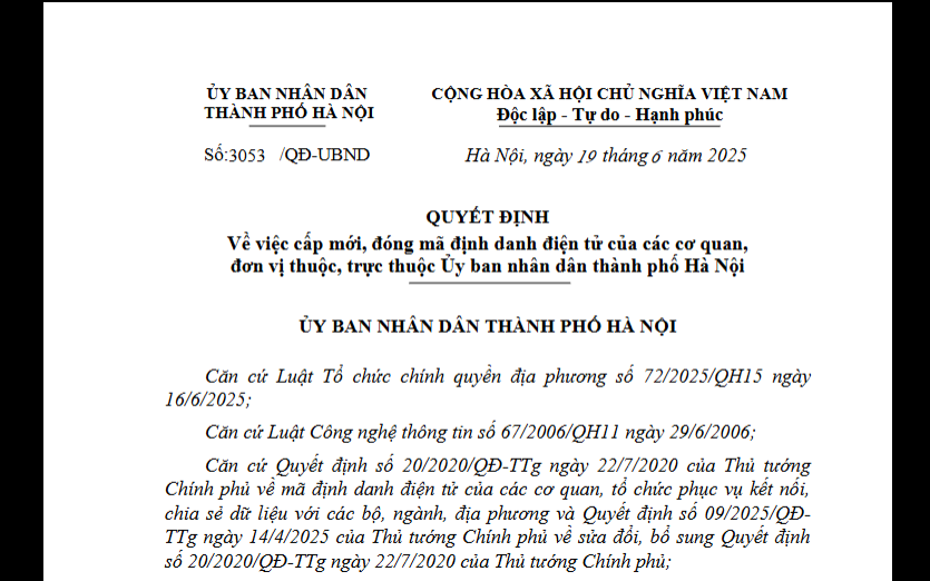 Thành phố Hà Nội khẩn trương ban hành mã định danh điện tử của các cơ quan sẵn sàng cho các HTTT hoạt động thông suốt khi triển khai chính quyền 2 cấp