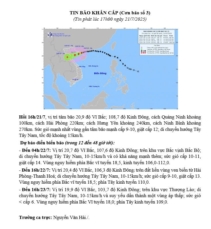 Tin bão khẩn cấp (Cơn bão số 3) lúc 17h00 ngày 21/7/2025- Ảnh 1.