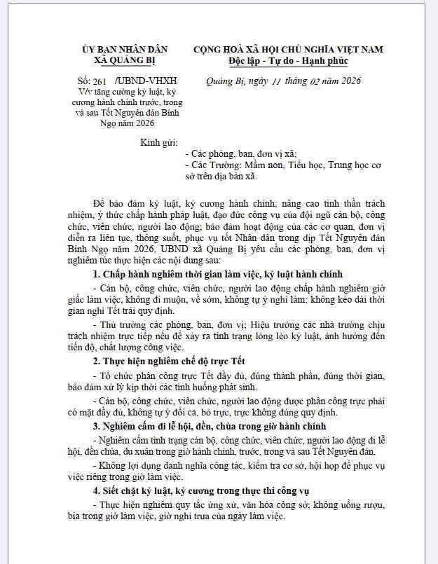 Xã Quảng Bị tăng cường kỷ luật, kỷ cương hành chính gắn với đẩy mạnh cải cách hành chính trước, trong và sau Tết Bính Ngọ 2026- Ảnh 1.