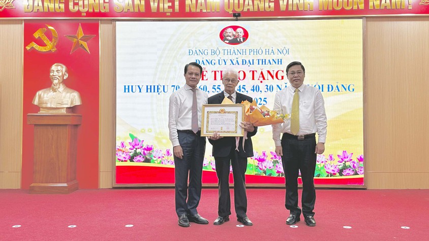Chủ nhiệm Ủy ban Kiểm tra Thành ủy Hoàng Trọng Quyết trao Huy hiệu Đảng tại xã Đại Thanh